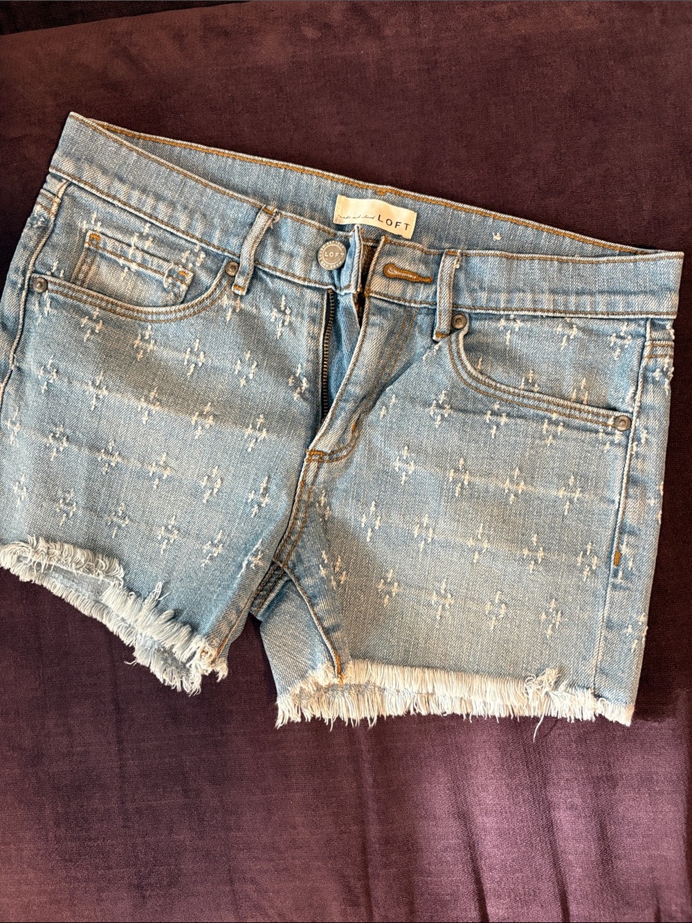 LOFT Light Wash Embroidered Frayed Hem Denim Shorts - Picture 1 of 2